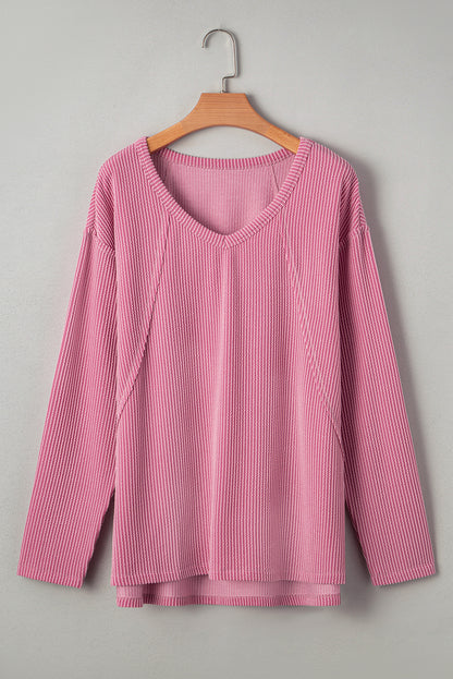 Pink Twisted Rib Texture Exposed Seam Patchwork Loose Long Sleeve Top