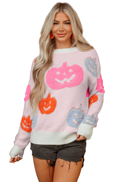 Beige Halloween Cute Pumpkin Pattern Sweater