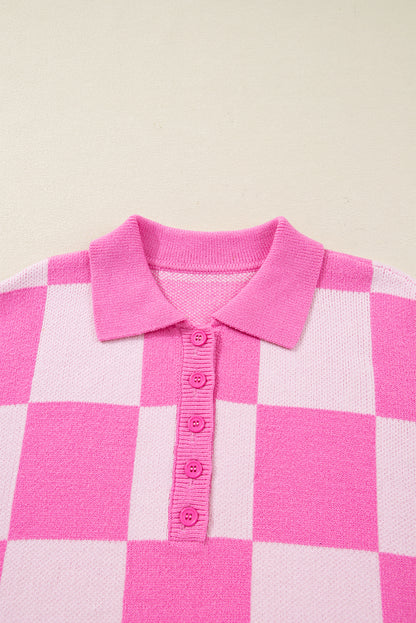 Pink Plus Size Checkered Collared Half Button Sweater