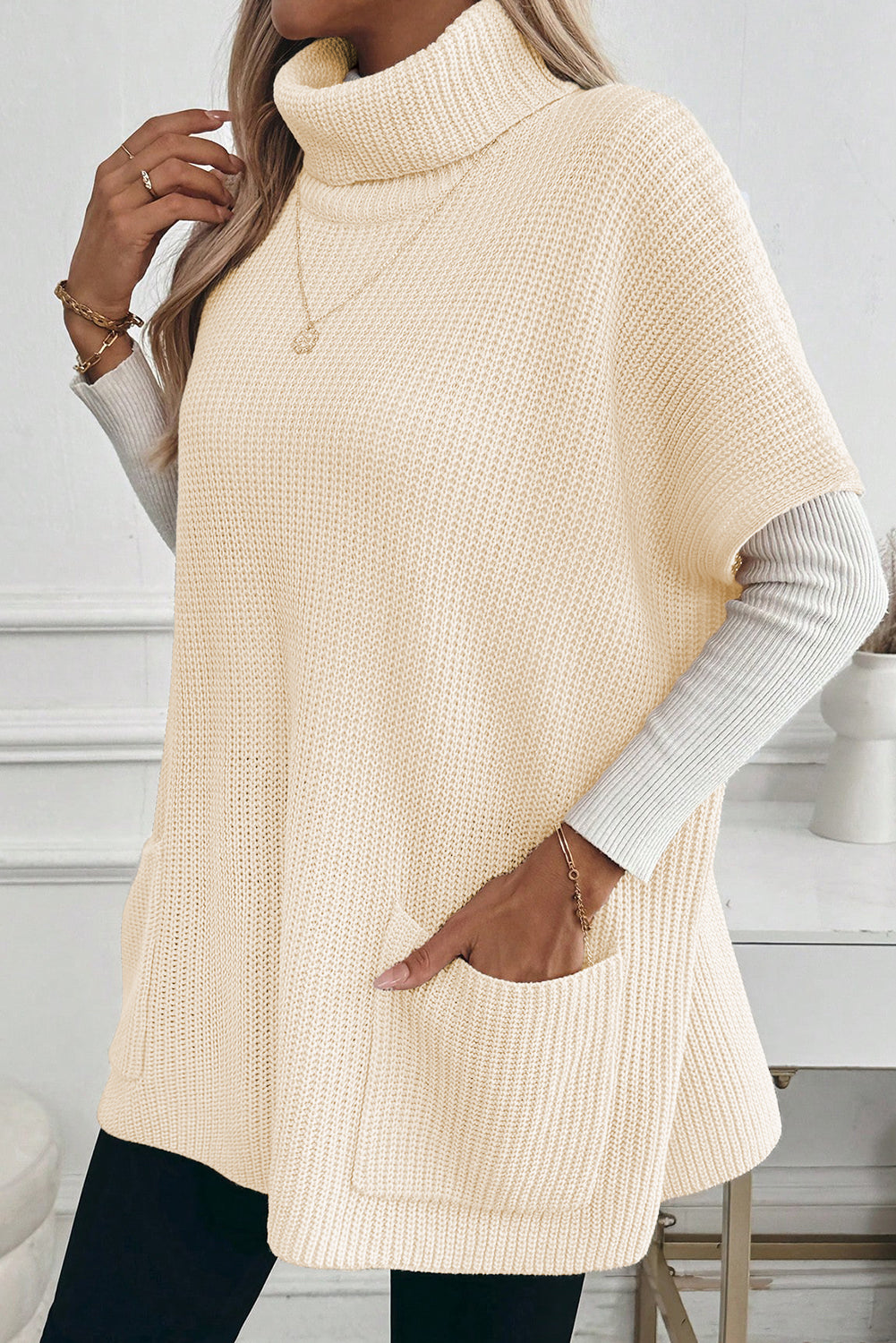 Jet Stream Plain Knit Casual Turtleneck Short Sleeve Tunic Sweater with Pockets