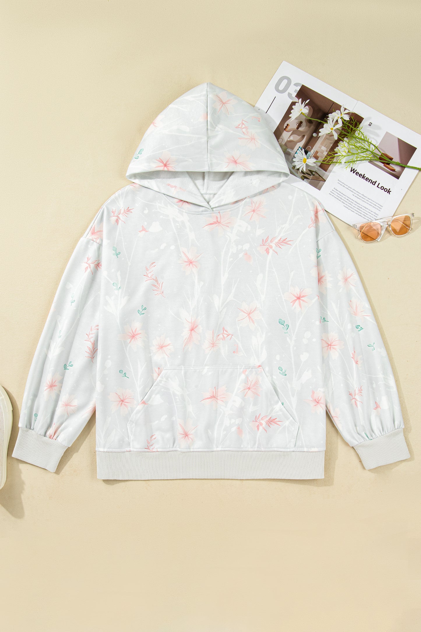 Gray Floral Print Plus Size Loose Hoodie