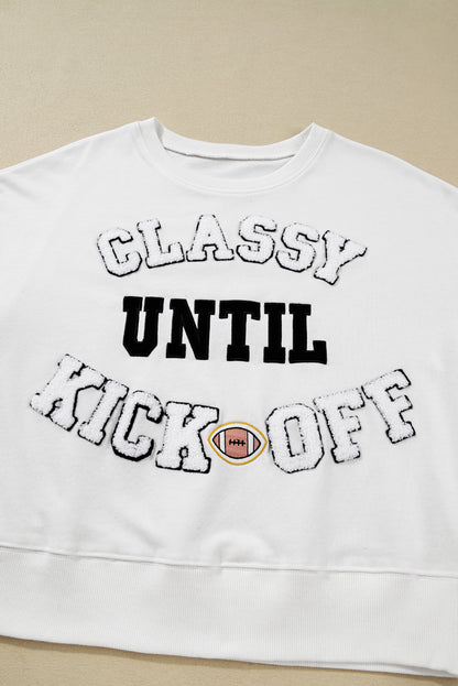 White CLASSY UNTIL KICKOFF Plush Letter Patched Loose Sweatshirt