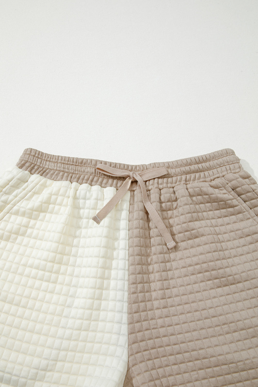 Khaki Color Block Patchwork Textured Long Sleeve Top 2pcs Short Set