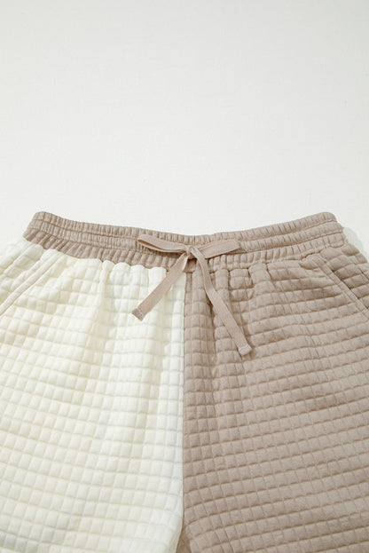 Khaki Color Block Patchwork Textured Long Sleeve Top 2pcs Short Set