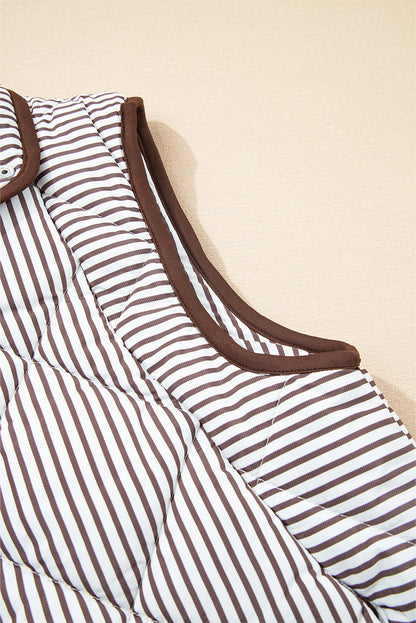 Brown Stripe Snap Button Scalloped Hem Collared Vest