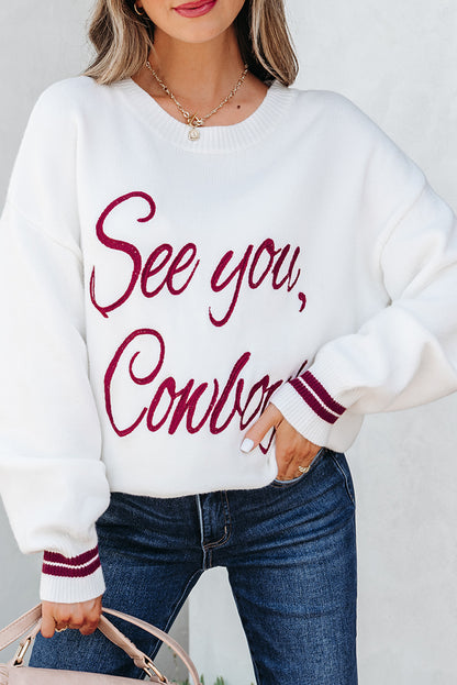 White See You Cowboy Embroidered Western Graphic Sweater