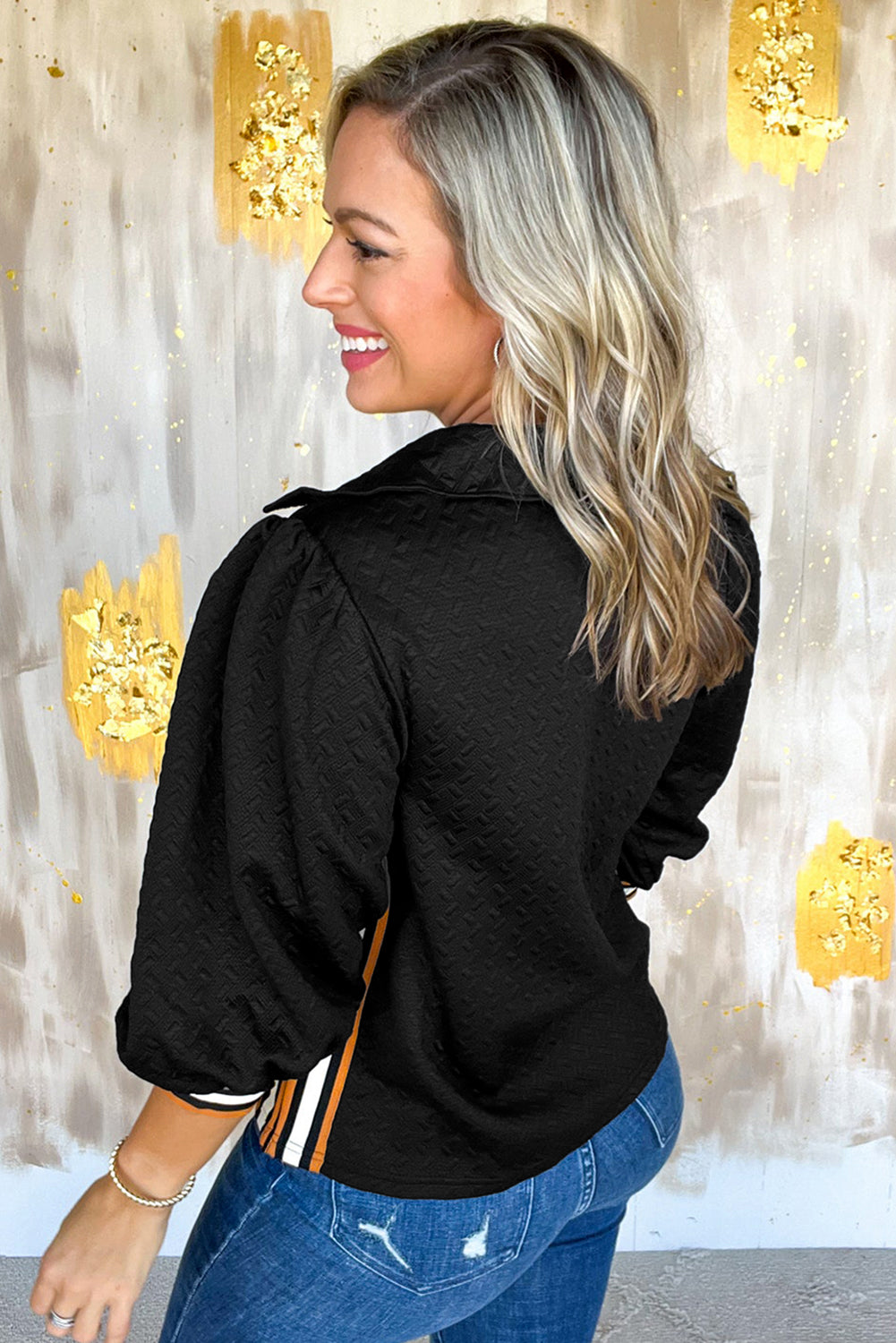 Black Stylish Textured Striped Patchwork Polo Collar Pullover Sweatshirt