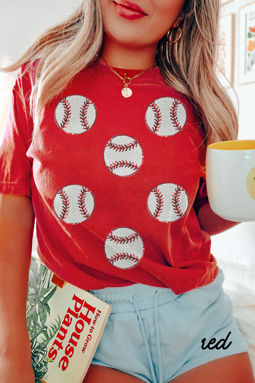 Red Glittering baseball  Pattern Crew Neck Game Day T Shirt