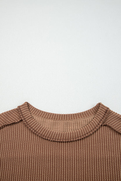 Dark Khaki Twist Ribbed Exposed Seam Detail Long Sleeve Loose Top