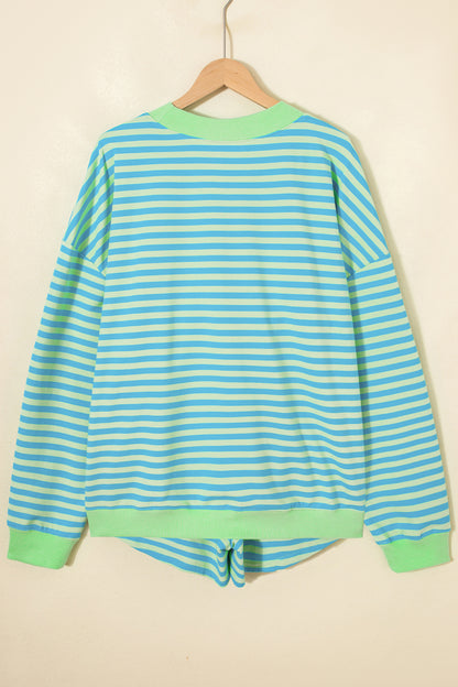 Green Stripe Color Block Detail Long Sleeve Pullover Elastic Waist Pull On Shorts 2pcs Set