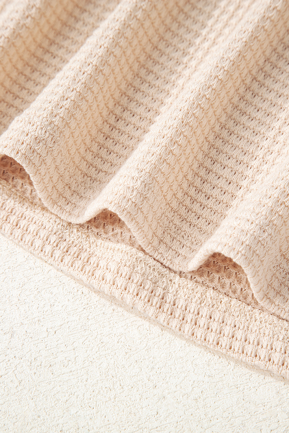 Oatmeal Waffle Patchwork Drop Shoulder Hooded Long Sleeve Top