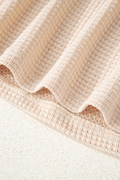 Oatmeal Waffle Patchwork Drop Shoulder Hooded Long Sleeve Top