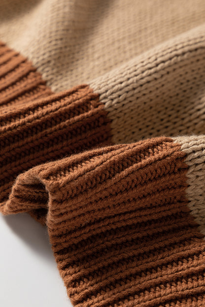 Light French Beige Contrast Stitch Detail Color Block Knitted Plus Size Sweater