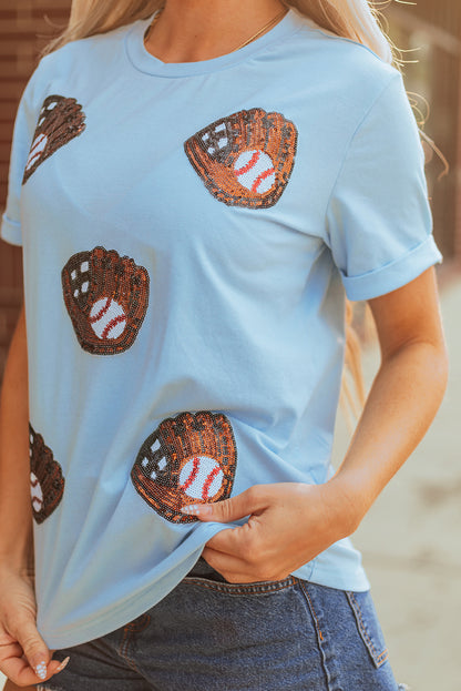 Light Blue Baseball Sequin Patch T Shirt