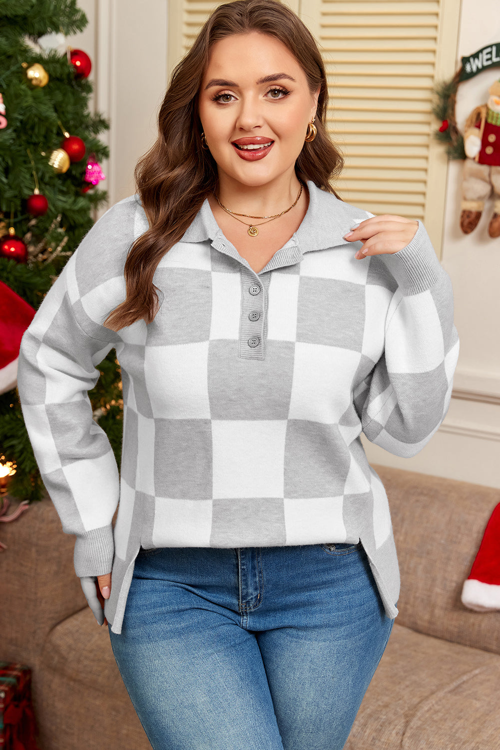 Cozy Basics Gray Checkered Sweater