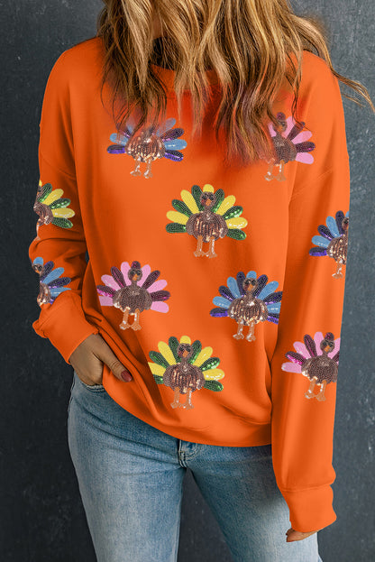 Orange Colorful Turkey Thanksgiving Graphic sequin Sweatshirt