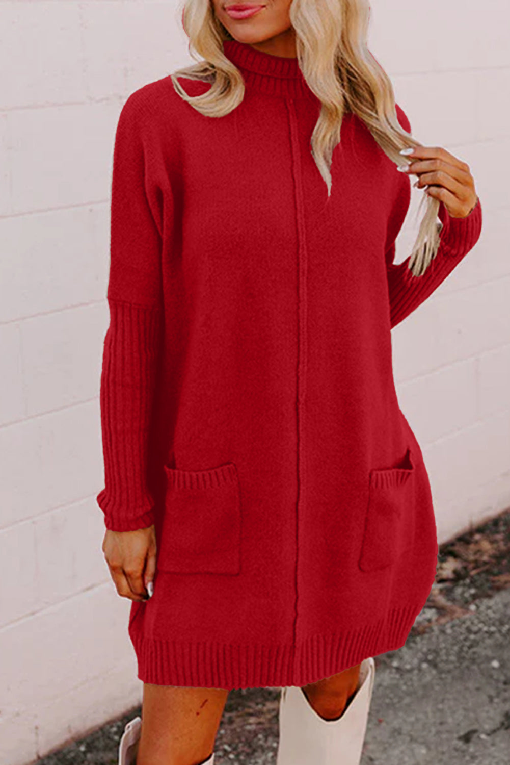 Fiery Red Ribbed High Neck Front Pockets Center Seam Shift Sweater Dress