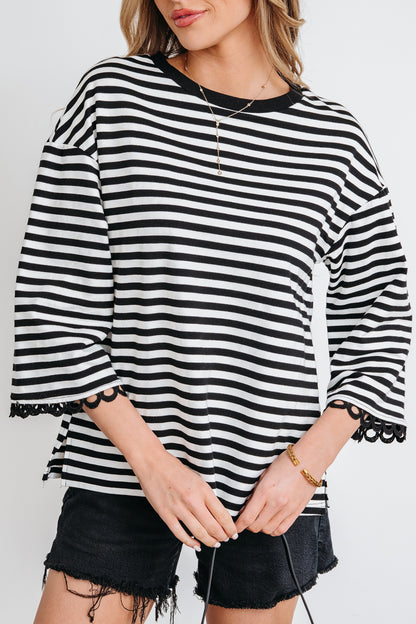 Black Striped Print Drop Shoulder Lace Trim Bracelet Sleeve Loose Top