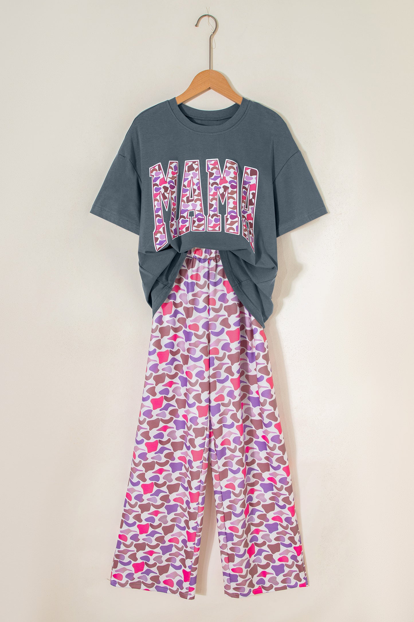 Fun mama  Letter Graphic Tee Camouflage Print Loose Pant Set