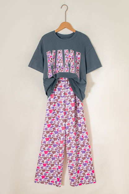 Fun mama  Letter Graphic Tee Camouflage Print Loose Pant Set
