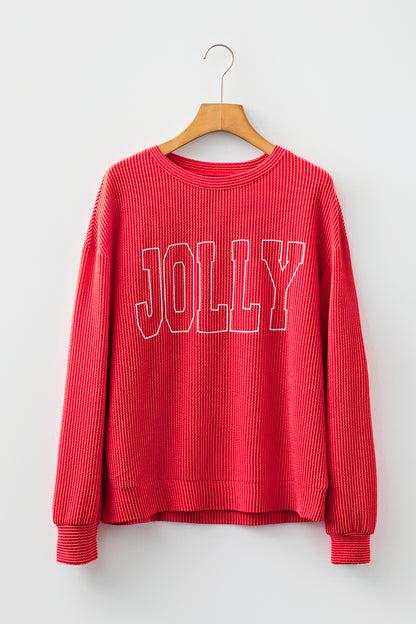 Racing Red Twisted Rib Outlined Merry Letter Graphic Loose Long Sleeve Top