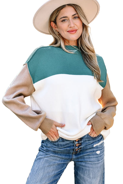 Green Color Block Plain Ribbed Knit Baggy Sweater