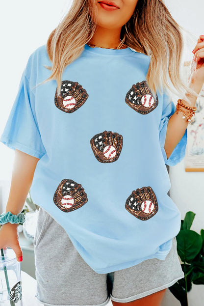 Light Blue Baseball Sequin Patch T Shirt