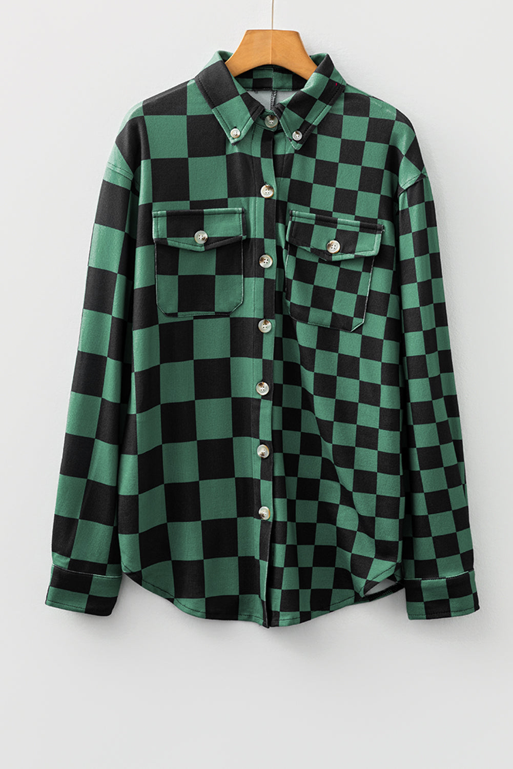 Green Checkerboard Flap Pocket Button Front Shacket