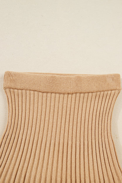 Smoke Gray High Neck Puff Sleeve Sweater Pleated Mini Skirt 2pcs Knitted Outfit