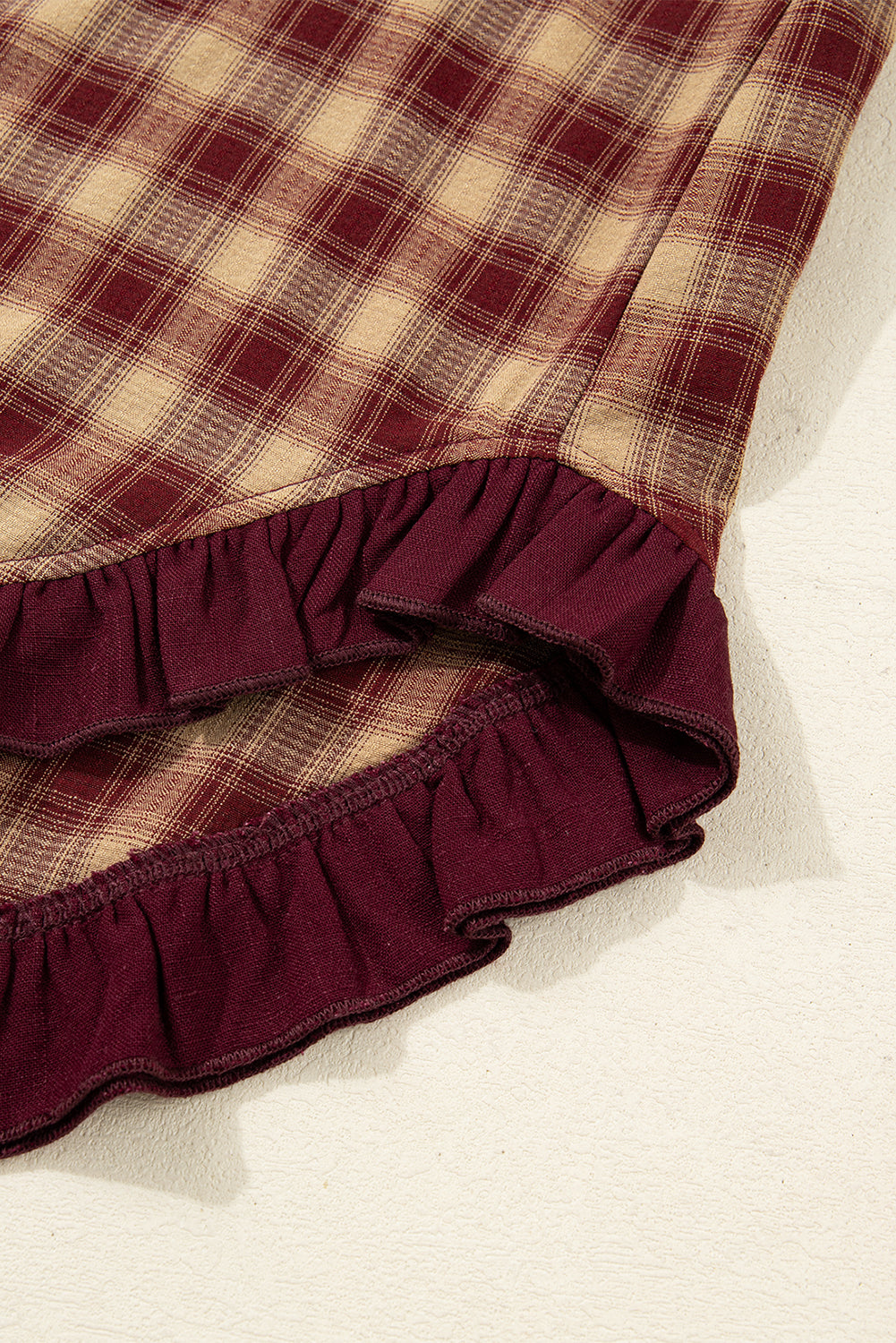 Red Plaid Print Ruffled Long Sleeve Patchwork Hem Mini Shirt Dress