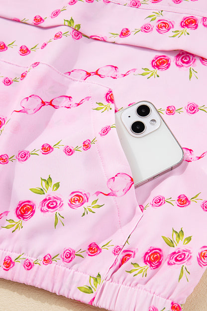 Pink Floral Print Half Zip Kangaroo Pouch Drawstring Hoodie
