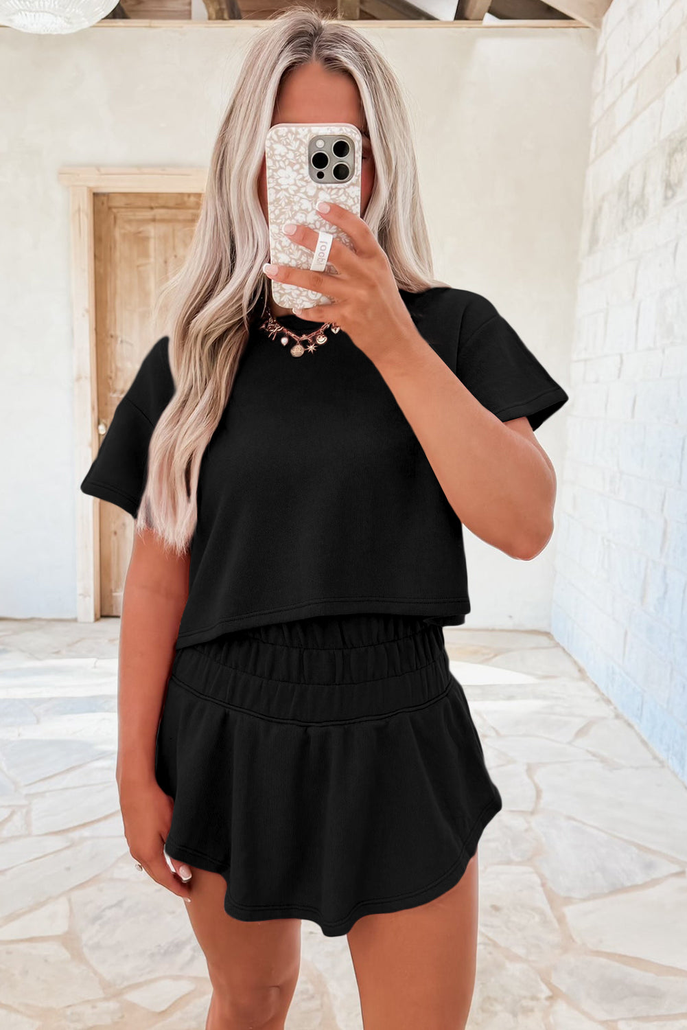 Black two piece Cropped Tee and Ruffle High Waist Skort Set