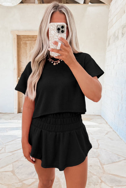 Black two piece Cropped Tee and Ruffle High Waist Skort Set
