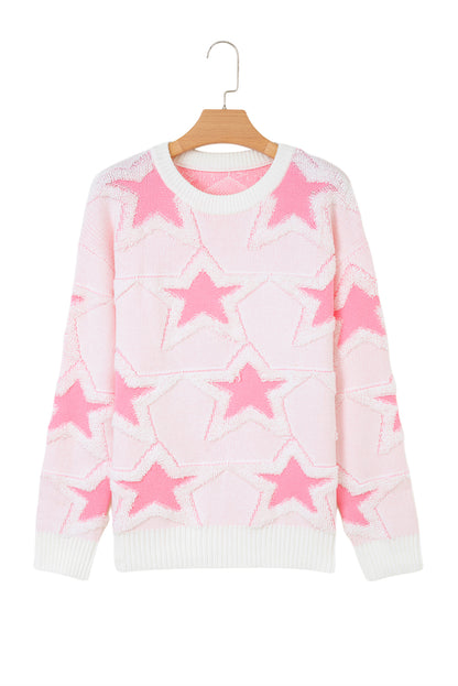 Sachet Pink Oversized Cute Star Pattern Ribbed Edge Drop Shoulder Sweater