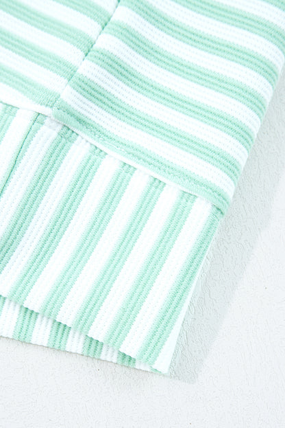 Green Stripe Quarter Zip Collar Pullover Long Sleeve Top