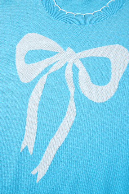 Light Blue Big Ribbon Bow Print Contrast Stitch Trim Drop Shoulder Sweater