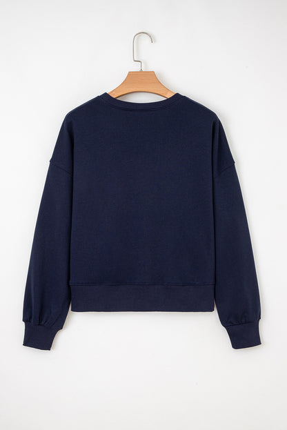 Navy Blue CLASSY UNTIL KICKOFF Plush Letter Patched Loose Sweatshirt