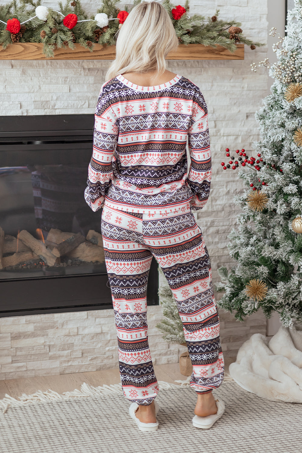 Black Retro Christmas Pattern Loose Pullover 2pcs Lounge Pant Set