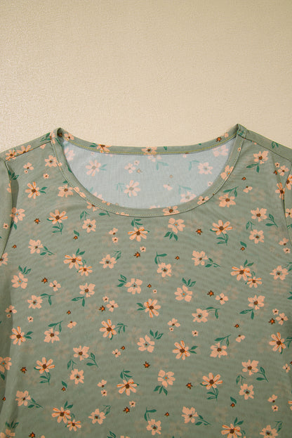 Laurel Green Vintage Floral Print Southern Style Mesh Long Sleeve Top