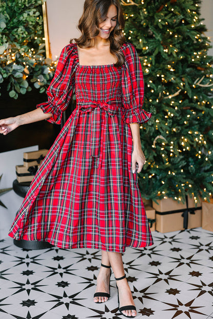 Red Tartan Plaid Square Neck Puff Sleeve Knot Waist Flared Midi Dress