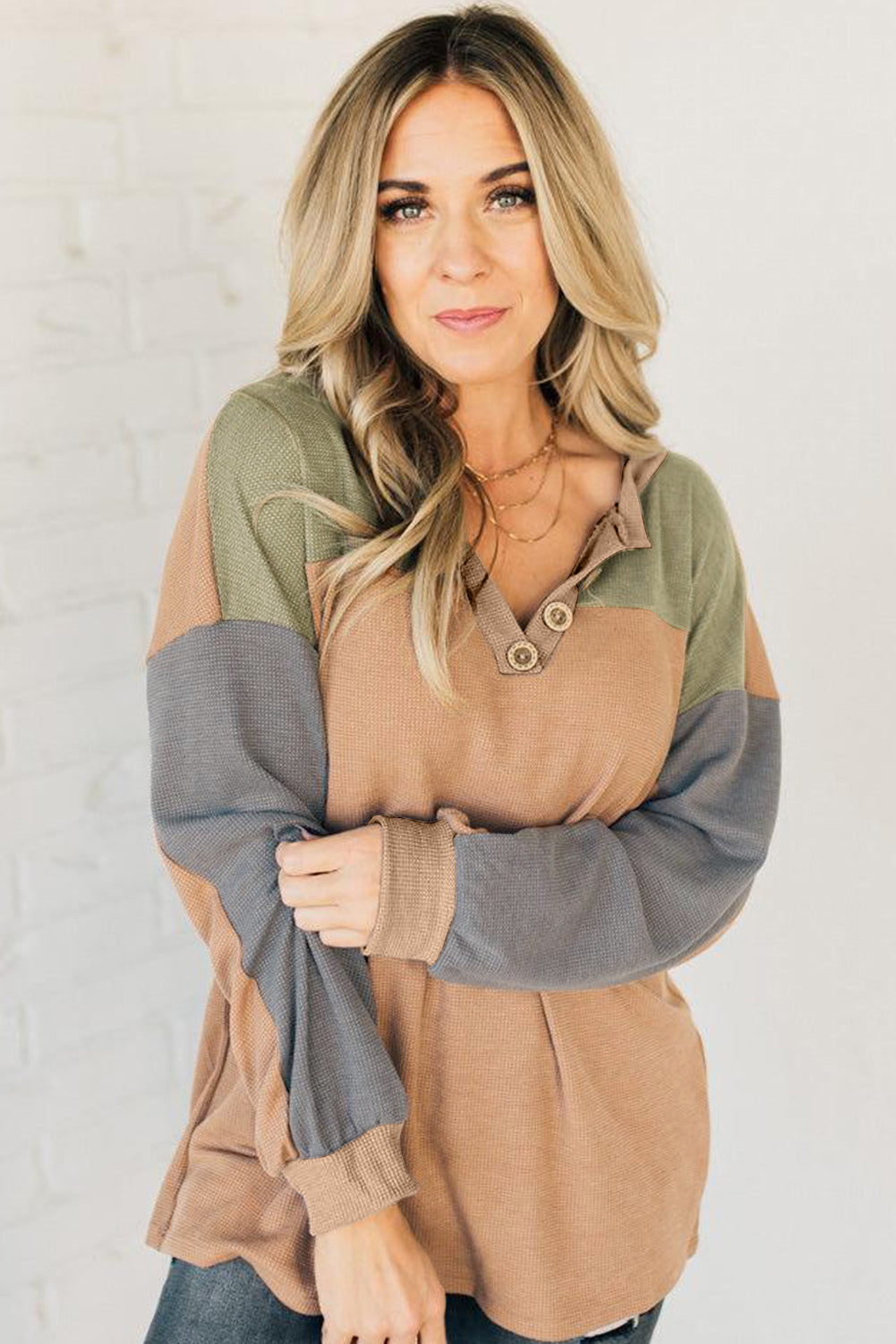 Buckskin Color Block Thermal Textured Knit Drop Shoulder Henley Top