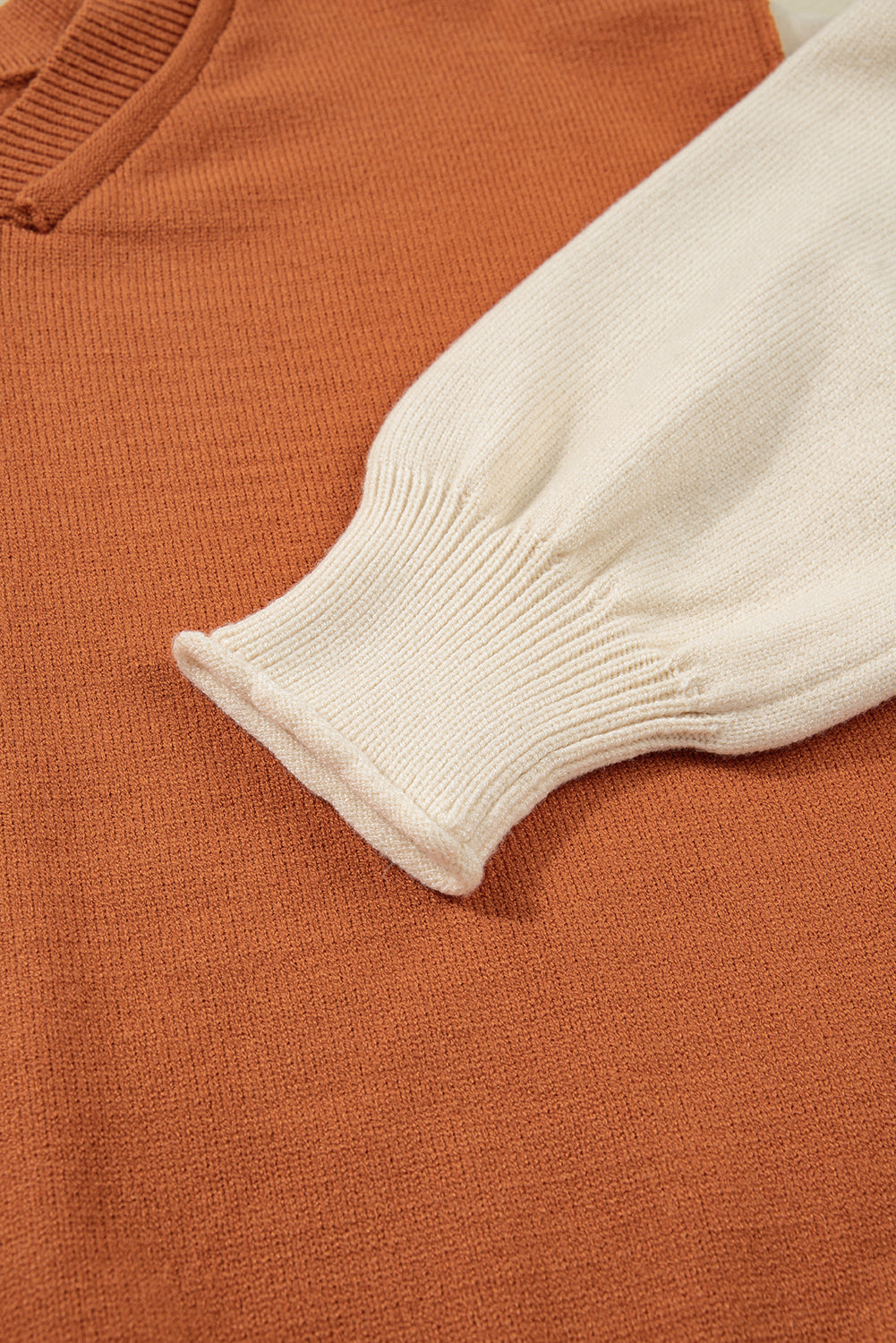 Desert Gold Colorblock Raw Edge Bubble Sleeve V Neck Sweater