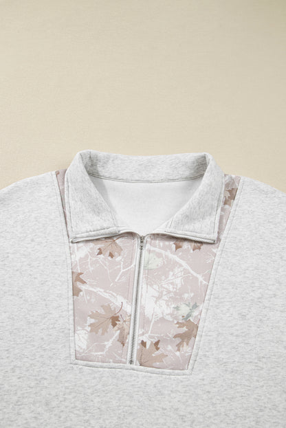 Gray Camo Leaves Patchwork Zipped Collar Pullover Plus Size Sweatshirt