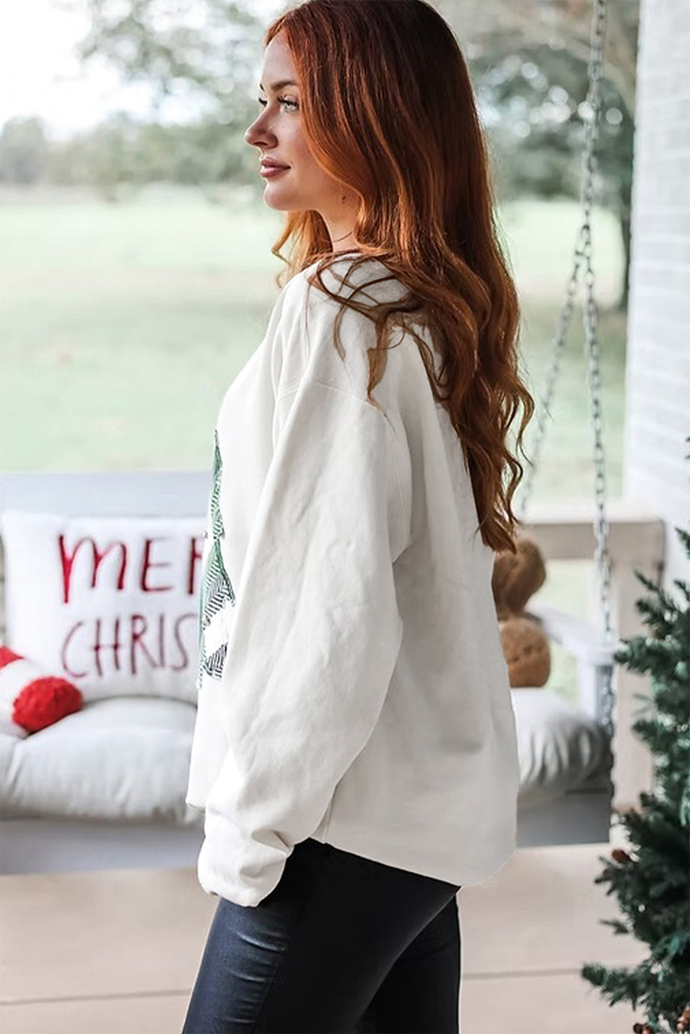 White Pearl Plaid Christmas Tree Patched Drop Shoulder Sweatshirt