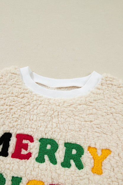 White MERRY CHRISTMAS Multicolor Embroidered Sherpa Pullover Sweatshirt