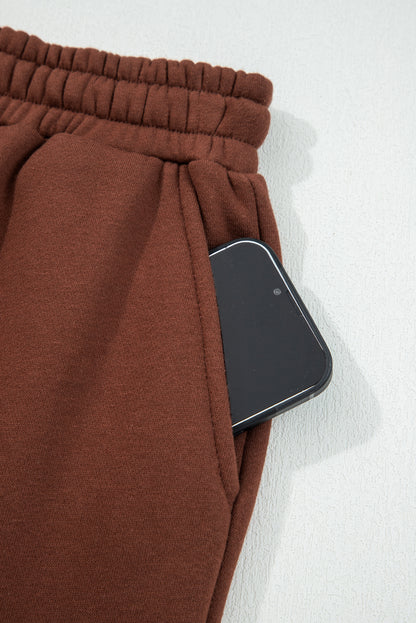 Coffee Fleece Lined Leopard Drawstring Elastic Waist Solid Pants