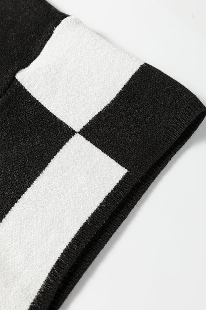Black Checkered Pattern Loose Drop Shoulder Half Sleeve Sweater