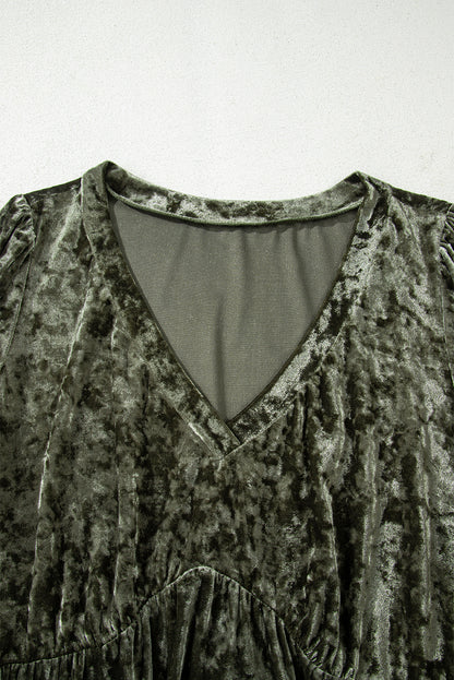 Jungle Green Plus Size Velvet Babydoll Mini Dress with Puff Sleeve