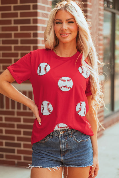Red Glittering baseball  Pattern Crew Neck Game Day T Shirt