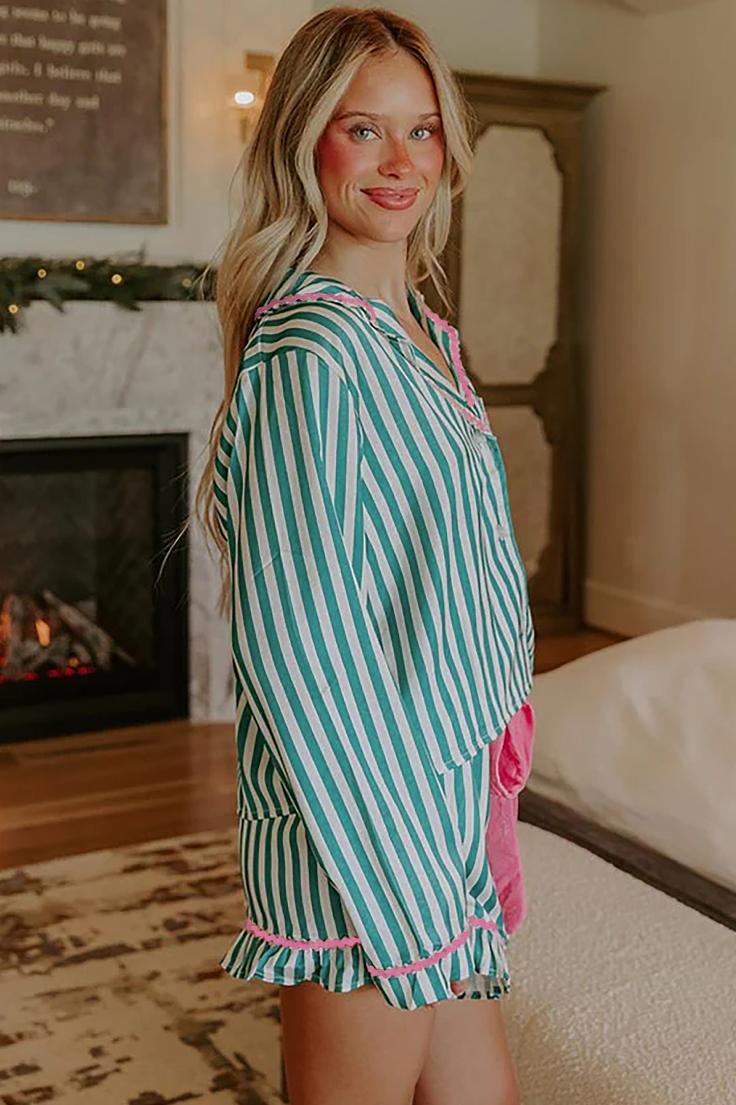 Ricrac Trim Long Sleeve Shirt Drawstring Ruffled Pajama Short Set